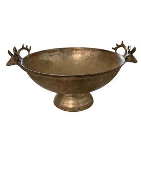 Rustic Hammered Metal Decorative Bowl With Stag Head Handles Made In India 9" Di